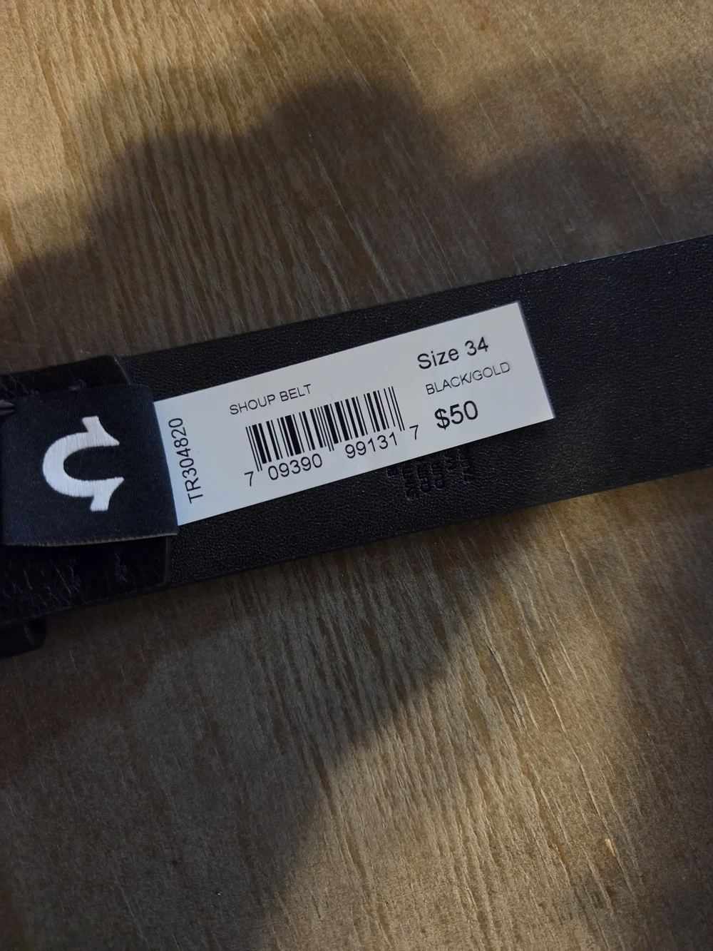 True Religion Black Leather Belt with Gold & Black Horseshoe Buckle